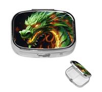 Chinese Dragon Pill Box 2 Compartment Square Portable Pill Case for Pocket or Purse Pill Holder Weekly Pill Organizer Decorative Metal Medicine Vitamin Organizer Travel Gift
