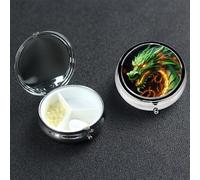 Chinese Dragon Pill Box with Mirror 3 Compartment Decorative Pill Case for Purse or Pocket Small Round Pill Organizer Weekly Metal Medicine Tablet Vitamin Holder Travel Gift