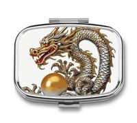 Chinese Dragon Pill Box with Pearls, 2 Compartments Square Container Portable Pocket Pill Organizer or Wallet to Hold Vitamins, Medicine, Oil