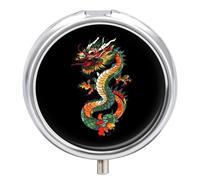 Chinese Dragon Portable Pill Organizer with 3 Compartments Round Medicine Box Compact Travel Pharmacy Case