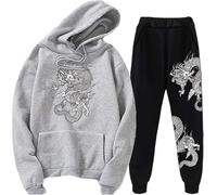 Chinese Dragon Print Tracksuit Set Unisex Dragon Hoodies Sweatshirt & Jogger Pants Two Piece Set (M,Grey 2)