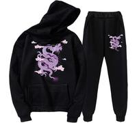 Chinese Dragon Print Tracksuit Set Unisex Dragon Hoodies Sweatshirt & Jogger Pants Two Piece Set (XL,Black 1)