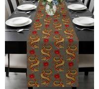 Chinese Dragon Table Runner 13x70 Inches Long Retro Red Flower Abstract Gray Background Cotton Linen Table Runner Burlap Style for Dinner Table Party Decor Tabletop Decorations