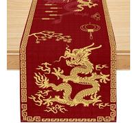 Chinese Dragon Table Runner, Red and Gold Oriental Style with Traditional Dragon Motif, Vintage Asian Decorative Dining Table Decor for New Year or Party, Polyester Linen, 13x60 Inch