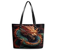 Chinese Dragon Tote Bag Large Soft Leather Purse with Zipper Lightweight Ladies Shoulder Handbag