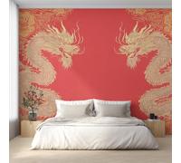 Chinese Dragon Wallpaper for Living Room, Red Gold Asian Wall Mural for Bedroom, Non-Woven Photo Wallpaper Home Decor 400X280cm, Wall Decoration D24