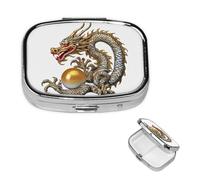 Chinese Dragon with Pearl Pill Case with Mirror Retro 2 Compartment Pill Box Small Pill Organizer for Purse or Pocket Decorative Metal Medicine Vitamin Organizer Unique Gifts