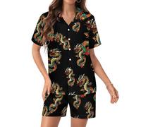 Chinese Dragon Women's Silk Pyjamas Set Short Sleeve Sleepwear Summer Button Down Lounge Outfit