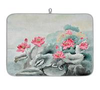 Chinese Drawing Water Lily Microfibre Dish Drying Mat Water Lily Absorbent Dish Drying Drainers Mats for Kitchen Spoon Glass Plate 40.6 x 45.7 cm