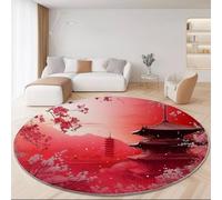 Chinese Elegant Cherry Blossoms Round Rugs 120 cm Red Rug for Living Room, Circle Area Rugs with Non Slip Backing, Washable Rug for Bedroom Soft Printed Carpet for Hallway Kid’s Room Nursery