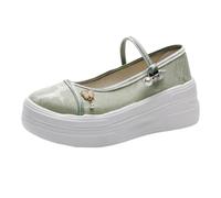 Chinese Ethnic Style Women Platform Shoes Satin Floral Textured Mary Jane Flats 6CM Chunky Thick Sole Daily Footwear Elegant Cheongsam Shoes(Green,39 EU)