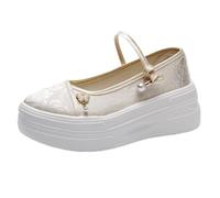Chinese Ethnic Style Women Platform Shoes Satin Floral Textured Mary Jane Flats 6CM Chunky Thick Sole Daily Footwear Elegant Cheongsam Shoes(Beige,35 EU)