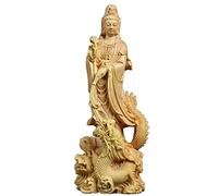 Chinese Feng Shui Sculpture,Quan Yin Statue Standing on Dragon,Kwan Yin Mercy Goddess Chinese Feng Shui Sculpture Hand Carved Boxwood Female Buddha Buddhist Decoration