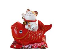 Chinese Feng Shui White Ceramic Lucky Cat Figure Maneki Neko Fortune Cat Money Box Lucky Charm Piggy Bank Cat and Fish,Red