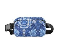 Chinese Floral Ancient 3D Blue Stylish Fanny Pack Waist Bag for Women Men Large Capacity Sling Chest Bag with Adjustable Strap for Workout Running Hiking
