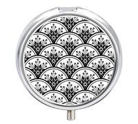 Chinese Floral Porcelain Watercolor Black and White Ceramic Iron Pill Box Case Organizer with Internal Separate Plastic Dividers, Travel Small Medicine Bag Holder Carrier Round Container