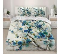 Chinese Flowers Single Duvet Cover Sets 3D Printed Blue Plum Blossoms 3pcs Bedding Set Soft Brushed Microfiber Quilt Cover 160x200 cm with Zipper Closure for Teens and Adults with 2 Pillowcases c.902