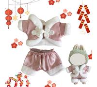 Chinese Fluffy New Year Tang Suit Outfit for Labubu 17cm , Fuzzy Fax Fur Spring Festive Costume Set for Labubu Dolls, Plush Holiday Doll Clothes for Collectible Pop Mart Figures Decoration (Pink)
