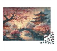 Chinese Garden Arch Bridge Jigsaw Puzzle for Adults 1000 Piece Paper Puzzle Game Sunset Sakura Relax Decor Gift 70x50cm/1000pcs