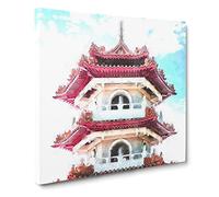 Chinese Garden In Singapore Painting Modern Canvas Wall Art Print Ready to Hang, Framed Picture for Living Room Bedroom Home Office Décor, 14x14 Inch (35x35 cm)