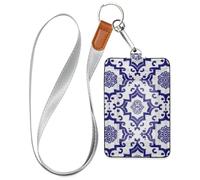 Chinese Geometric Patterns Dark Blue id Badge Holder for Women with Lanyard and 3-Card Capacity Card Holders for Office Worker Nurse Teacher Student