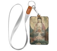 Chinese God Guanyin Leather Badge Card Holder with Lanyard and 3-Card Capacity id Holders for Office Worker Nurse Teacher Student