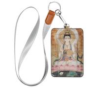 Chinese God Guanyin Leather Badge Holder Cute with Lanyard and 3-Card Capacity Security Card Holder for Office Shcool Hospital & Driver Licence