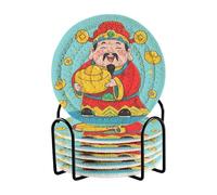 Chinese God Wealth Rich Blue Coasters Set of 6 with Holder Coasters for Drinks Posavasos Para Mesa