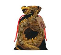 (Chinese golden Yellow dragon) Print Christmas New Year Candy Gift Bag, Red Xmas Ribbon Drawstring Bags for Kids Xmas Holiday Eve Presents M Size