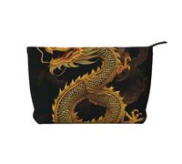 Chinese Golden Yellow Dragon Printed Corduroy Makeup Bag for Women Cute Make up Bag Travel Cosmetic Bag with Wristlet