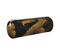 Chinese Golden Yellow Dragon Printed Leather Pencil Case Cute Stationery Organizer Round Makeup Bag Pen Pouch, Gold Zipper