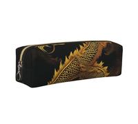 Chinese Golden Yellow Dragon Printed Leather Pencil Case Cute Stationery Organizer Simple Makeup Bag Pen Pouch, Gold Zipper