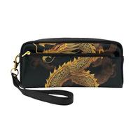 Chinese Golden Yellow Dragon Printed Makeup Bag for Women Travel PU Leather Cosmetic Bag with Wristlet Toiletry Bag