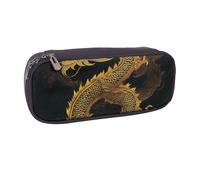 Chinese Golden Yellow Dragon Printed Pu Leather Pencil Case Box Flip Pen Bag and Makeup Cosmetic Holder for Girls Boys School Students