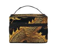 Chinese Golden Yellow Dragon Printed Travel Makeup Bag Spacious Portable Cosmetic Organiser with Handle, Large Capacity Toiletry Bag, Gift for Women Girls