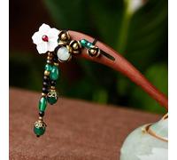 Chinese Green Agate Aventurine Jade Red Sandalwood Hairpin Hair Clasp Fashion
