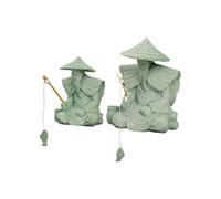 Chinese Green Sandstone Tea Pet Ornaments - Zen Jiang Taigong Fishing Micro Landscape Art Decoration - Set of 2, Unique Tea Ceremony Accessories, Perfect for Home Decor