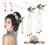 Chinese Hair Accessories, 5PCS/Set Butterfly Tassel Chinese Hairpins with Hair Comb and Earrings for Women Girls Wedding Brides Headpiece, Japanese Pin