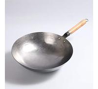 Chinese Hand Hammered Iron Woks, Uncoated Carbon Steel Non-Stick Pot Traditional Round Bottom Cookware with Wooden Handle, Less Oil(30cm)