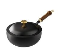 Chinese Handmade Cast Iron Wok, Nonstick Wok with Lid and Wooden Handle Deep Stir Fry Pan, No Coating for Stoves and Induction Hobs