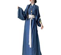 Chinese Hanfu Costume Wide Sleeve Cross Collar Wei Jin Dynasties Ancient Traditional Outfit with Belt, 21# Blue, Medium
