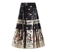 Chinese Horse Face Skirt Ming Dynasty Horse Face Skirt Hanfu Flower Print Tie Up Long Swing Pleated Horse Face Skirt (A-Black, One Size)