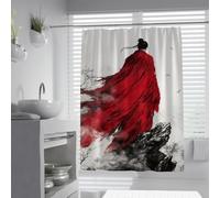 Chinese Ink Art Shower Curtain Samurai Warrior Silhouette Bathtub Curtain for Traditional Style Bathroom Decor Red Machine Washable 90 x 180 cm