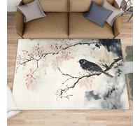 Chinese Ink Painting Area Rug, Black and White Flowers and Birds Rugs for Boys Room, Non Slip Kids Rug for Living Room Bedroom Study Office Kitchen Dining Room Decor Floor Mat 60x110cm