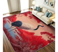 Chinese Ink Painting Area Rug Living Room Washable 120x170cm Multicolour | Non-Slip Short Pile Soft Carpet with Crane Mountains Trees for Dining Room Bedroom Home Office