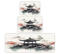 Chinese Ink Painting Kitchen Rugs Sets of 3 Washable Non Slip Kitchen Rug Water Resistant Carpet Piece Anti Fatigue Kitchen Mats Soft Comfort Standing Mat Modern Area Rug