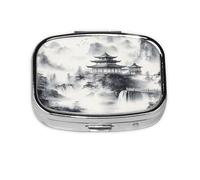 Chinese Ink Painting Pattern Pill Case Pill Box Travel Pill Organizer Small Square Medicine Box for Purse & Pocket Gifts