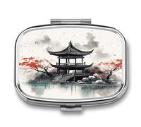 Chinese Ink Painting Pill Box 2-Compartment Portable Travel Square Pill Case Daily Pill Holder with Store Vitamins Pocket Medicine Organizer for Office Home Fish Oil