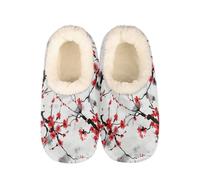 Chinese Ink Painting Red Plum Blossom Slippers for Women Slipper Socks Soft House Slippers Shoes for Bedroom Indoor, Winter Cozy Christmas Gifts