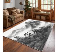 Chinese Ink Painting Rug, Mountain Landscape Area Rug 90x120cm, Machine Washable Rug for Living Room, Bedroom, Non Slip Soft Carpet, Asian Style Home Decor & Gifts D#1171